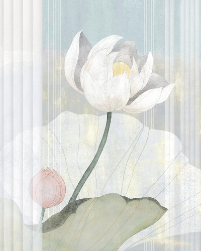 Fototapet cu flori de lotus, albastru deschis,  design minimalist,  flori de lotus,  culori delicate,  albastru deschis, crem, gri,  atmosfera relaxantă, rafinată, living, dormitor, birou
