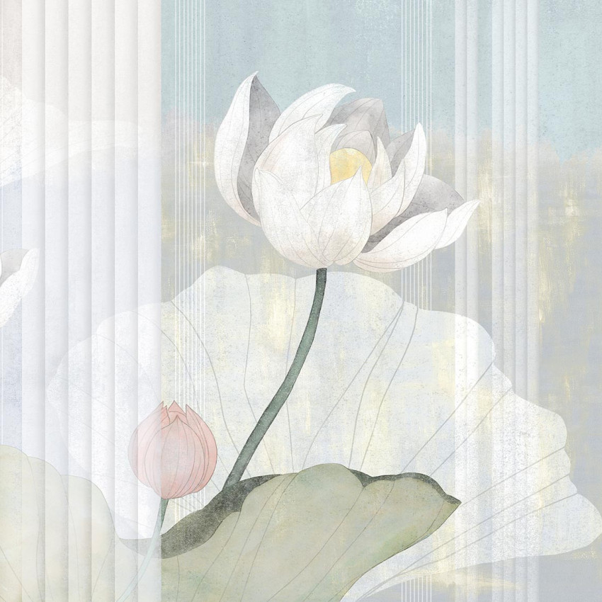 Fototapet cu flori de lotus, albastru deschis,  design minimalist,  flori de lotus,  culori delicate,  albastru deschis, crem, gri,  atmosfera relaxantă, rafinată, living, dormitor, birou