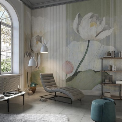 Wallpaper cu flori de lotus în nuanțe de verde și alb.