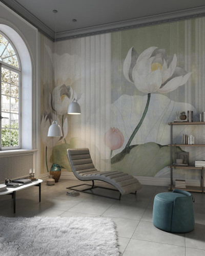 Wallpaper cu flori de lotus în nuanțe de verde și alb.