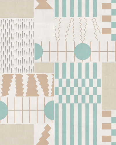 Tapet geometric modern cu un design abstract, ce combină nuanțe neutre și culori pastelate.