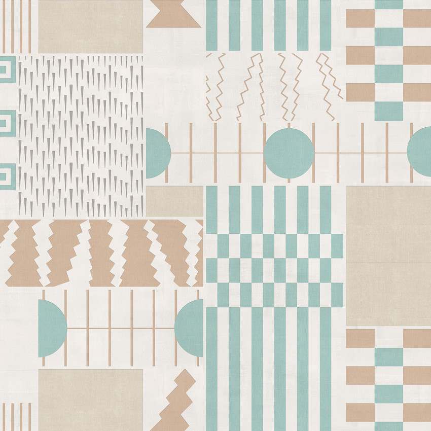 Tapet geometric modern cu un design abstract, ce combină nuanțe neutre și culori pastelate.