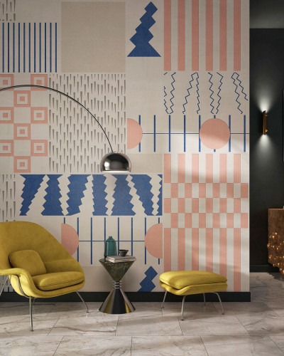 Tapet cu design geometric în nuanțe de roz și albastru