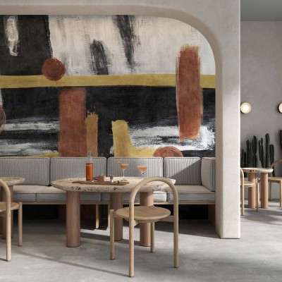 Tapet abstract modern cu design minimalist în nuanțe de negru, maro și auriu