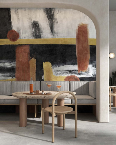 Tapet abstract modern cu design minimalist în nuanțe de negru, maro și auriu