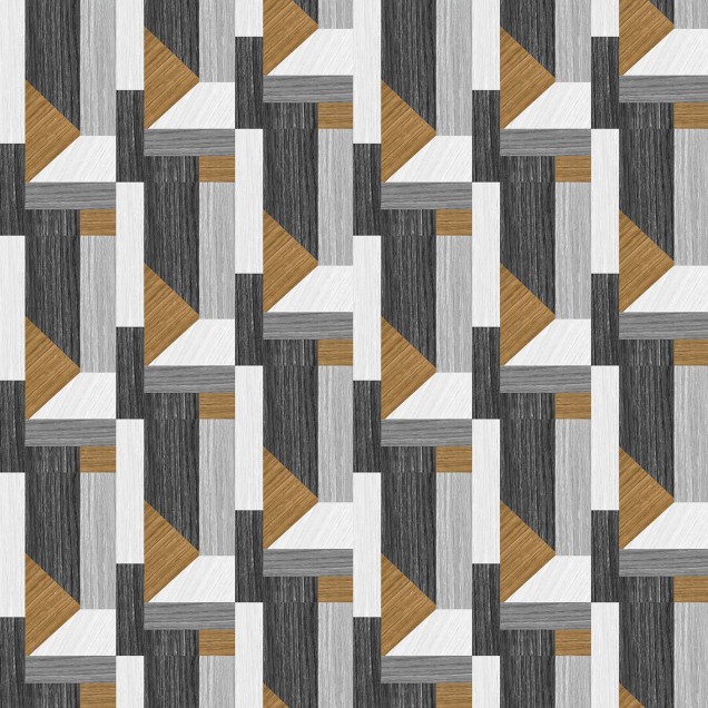 Tapet Tarsia Black cu design geometric modern in tonuri de negru si lemn, perfect pentru un living, dormitor sau birou.