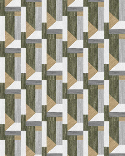 Tapet geometric modern, Tarsia, Green, cu forme simple, dar elegante, in nuante de verde, gri si bej ale lemnului.
