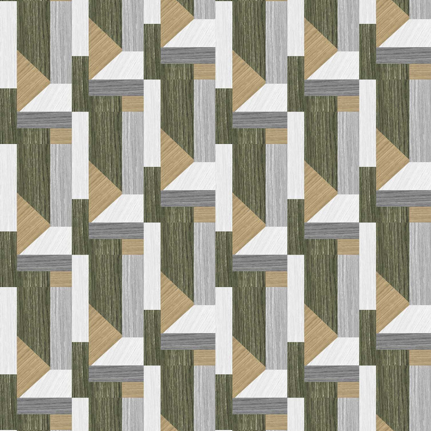 Tapet geometric modern, Tarsia, Green, cu forme simple, dar elegante, in nuante de verde, gri si bej ale lemnului.