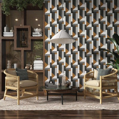 Tapet Tarsia Black cu design geometric modern in tonuri de negru si lemn, perfect pentru un living, dormitor sau birou.