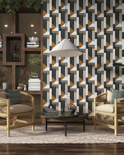 Tapet Tarsia Black cu design geometric modern in tonuri de negru si lemn, perfect pentru un living, dormitor sau birou.