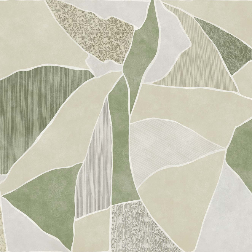 Tapet geometric abstract în nuanțe de verde și bej.