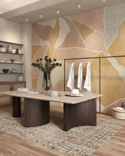 Tapet abstract in nuante de bej si portocaliu, cu design minimalist si modern