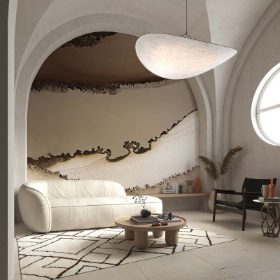 Tapet cu design abstract in nuante de crem si maro cu linii curbe, perfect pentru living, dormitor sau hol.