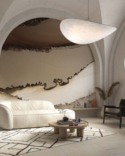 Tapet cu design abstract in nuante de crem si maro cu linii curbe, perfect pentru living, dormitor sau hol.