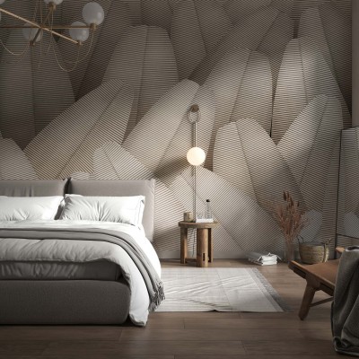 Tapet cu design abstract, linii fine, în nuanțe de gri și alb, perfect pentru dormitor sau living.