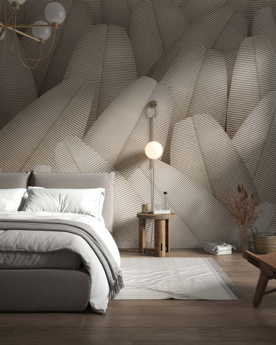 Tapet cu design abstract, linii fine, în nuanțe de gri și alb, perfect pentru dormitor sau living.