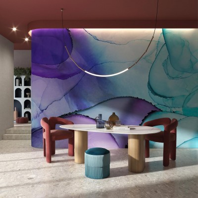 Tapet cu design abstract, Polifonic, cu nuanțe de mov și turcoaz.