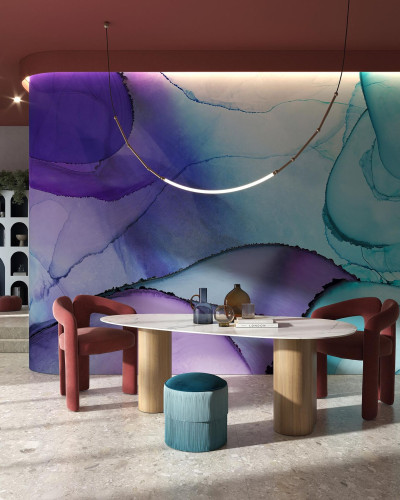 Tapet cu design abstract, Polifonic, cu nuanțe de mov și turcoaz.