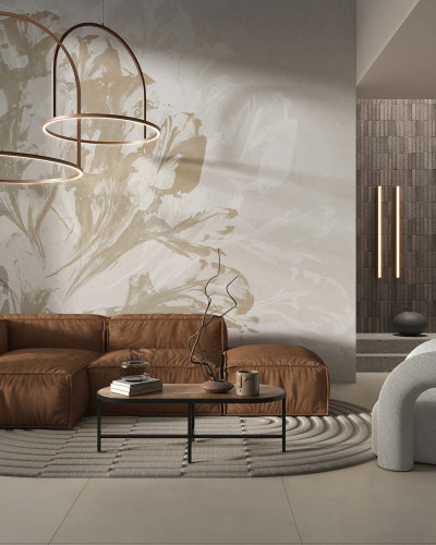 Tapet abstract cu nuanțe calde de bej și alb, decorat cu un model minimalist și modern.