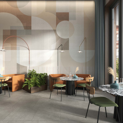 Tapet modern cu design geometric, cu culori neutre si tonuri calde. Tapetul are un aspect texturat si este perfect pentru a crea un aspect contemporan.