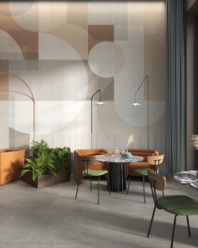 Tapet modern cu design geometric, cu culori neutre si tonuri calde. Tapetul are un aspect texturat si este perfect pentru a crea un aspect contemporan.