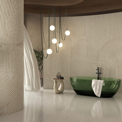 Fototapet geometric bej cu linii fine și curbe delicate, ce creează o atmosferă relaxantă și sofisticată.