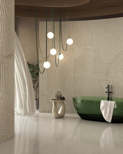 Fototapet geometric bej cu linii fine și curbe delicate, ce creează o atmosferă relaxantă și sofisticată.