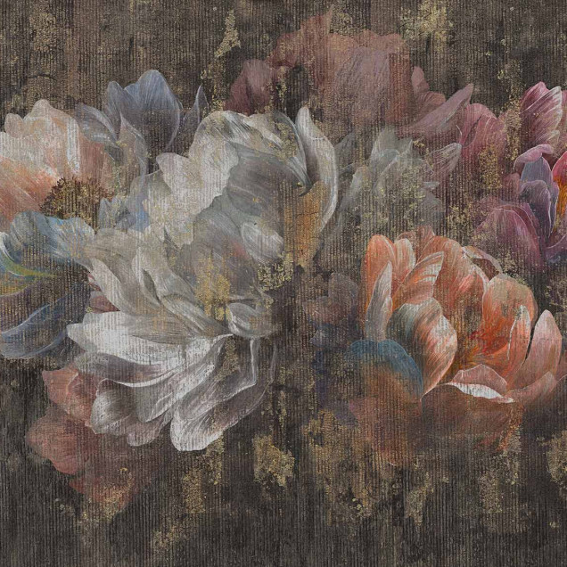 Fototapet cu un design floral abstract, în nuanțe de roz, alb și auriu, pe un fundal texturat, într-un dormitor modern.