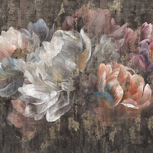 Fototapet cu un buchet de flori pictate în nuanțe pastelate, pe un fundal texturat cu accente aurii.
