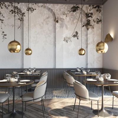 Fototapet Athena Alb, design modern cu ramuri delicate și arcuri, perfect pentru living, dormitor sau zona de dining.