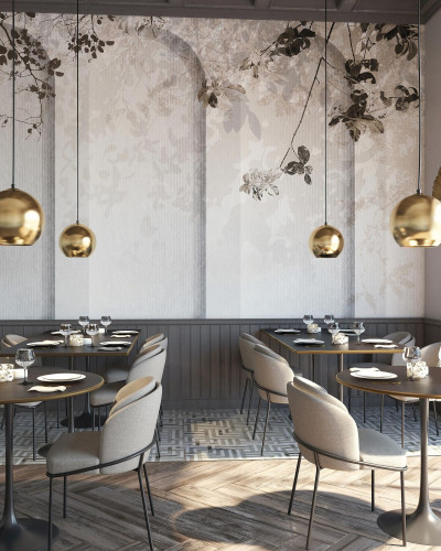 Fototapet Athena Alb, design modern cu ramuri delicate și arcuri, perfect pentru living, dormitor sau zona de dining.
