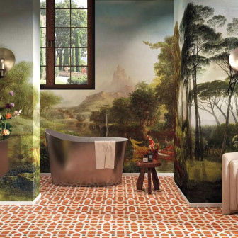 Fototapet cu peisaj de vale mistică, ideal pentru decorarea interioară