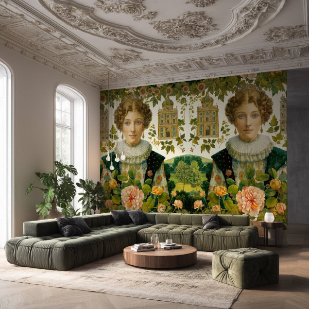 Tapet decorativ cu portret și elemente arhitecturale într-un interior modern