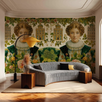 Tapet decorativ cu portret și elemente arhitecturale într-un interior modern