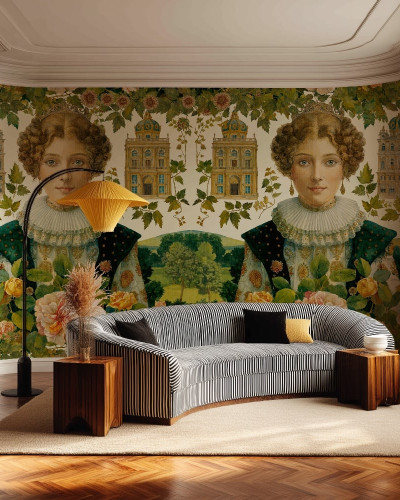 Tapet decorativ cu portret și elemente arhitecturale într-un interior modern