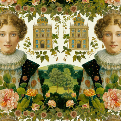 Tapet decorativ cu portret și elemente arhitecturale într-un interior modern