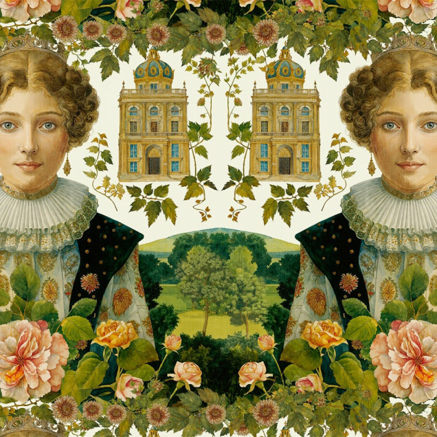 Tapet decorativ cu portret și elemente arhitecturale într-un interior modern
