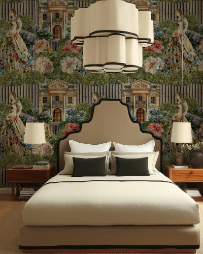 Tapet personalizat cu design floral elegant într-un dormitor