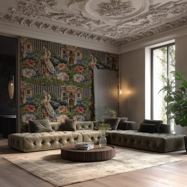 Tapet personalizat cu design floral elegant într-un dormitor