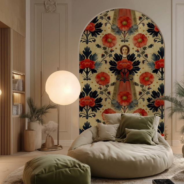 Tapet floral personalizat cu nuanțe de roșu și bleumarin într-un interior elegant