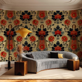 Tapet floral personalizat cu nuanțe de roșu și bleumarin într-un interior elegant