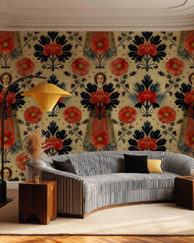 Tapet floral personalizat cu nuanțe de roșu și bleumarin într-un interior elegant