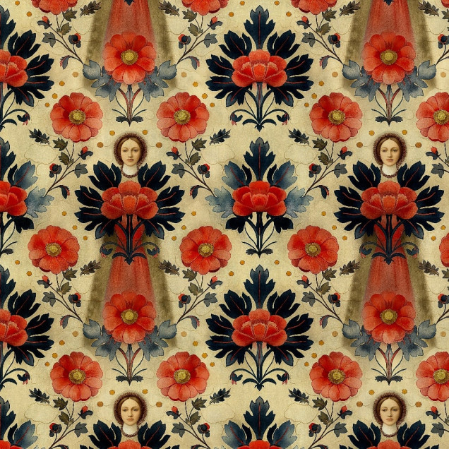 Tapet floral personalizat cu nuanțe de roșu și bleumarin într-un interior elegant