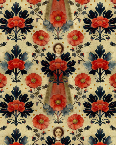 Tapet floral personalizat cu nuanțe de roșu și bleumarin într-un interior elegant