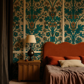 Tapet floral elegant în dormitor, creând un ambient rafinat
