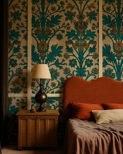 Tapet floral elegant în dormitor, creând un ambient rafinat