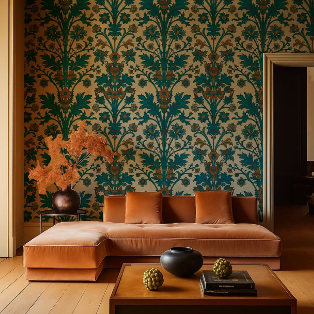 Tapet floral elegant în dormitor, creând un ambient rafinat
