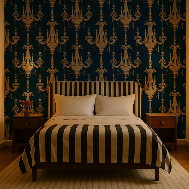 Tapet bleumarin cu candelabre aurii într-un living elegant