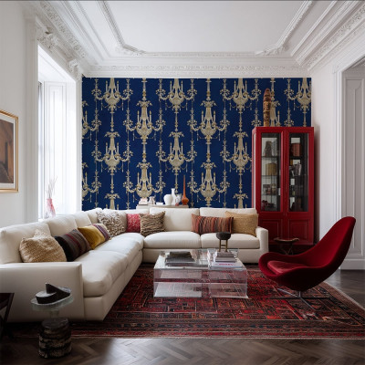 Tapet bleumarin cu candelabre aurii într-un living elegant