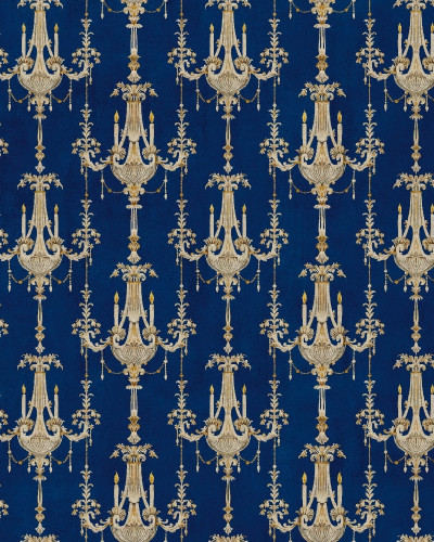 Tapet bleumarin cu candelabre aurii într-un living elegant